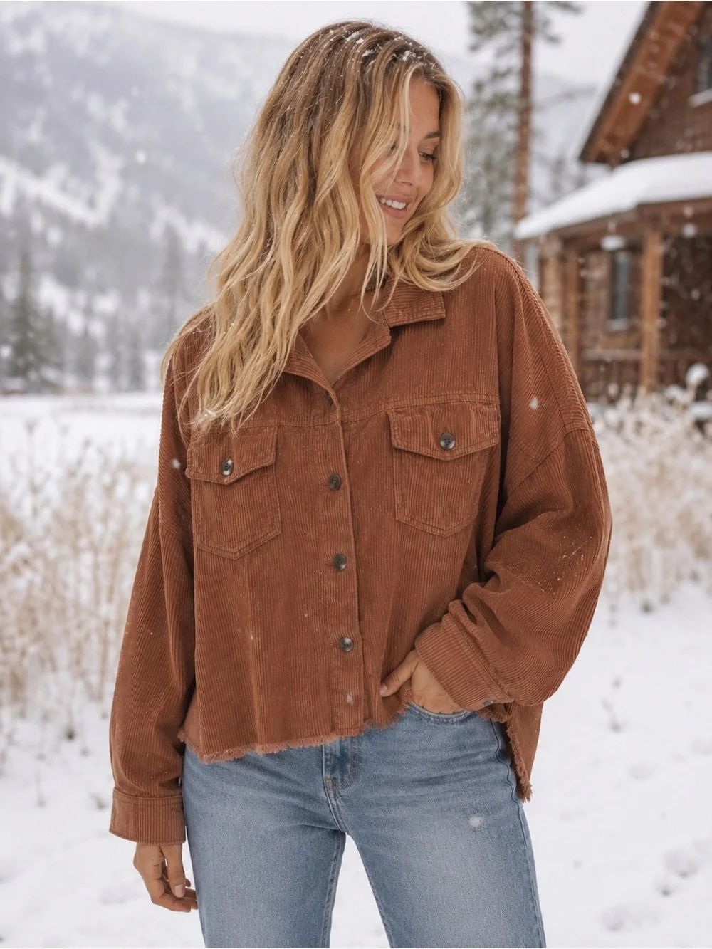 American Eagle Cropped Corduroy Shacket in Brown
